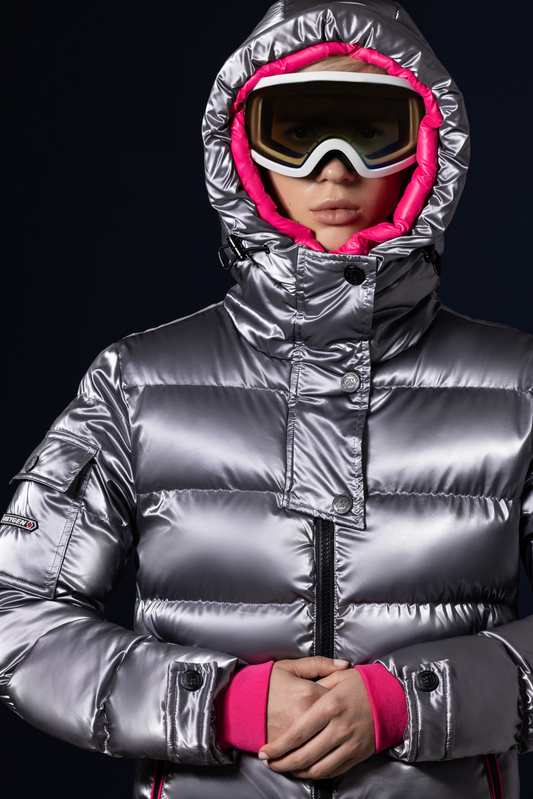 MF30-1285 Metallic polydown short jacket with non removable hood