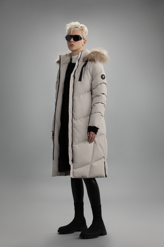 MF30-1372 Long quilted polydown coat with removable fur and non removable hood