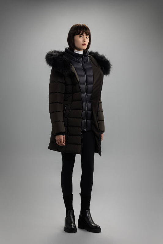 MF30-1370 Longline quilted polydown coat with removable fur