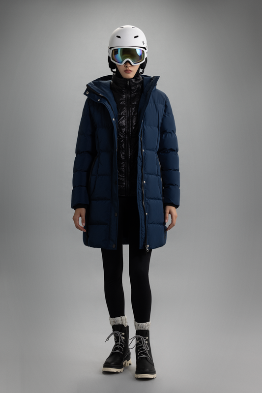 MF30-1367 Longline quilted polydown coat with non removable hood.