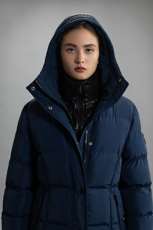 MF30-1367 Longline quilted polydown coat with non removable hood.